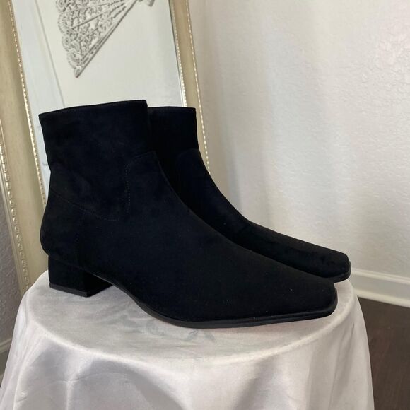 Faux Suede Square Toe Minimalist Office Officesiren Work Black Ankle Boots US 8 - Picture 3 of 8